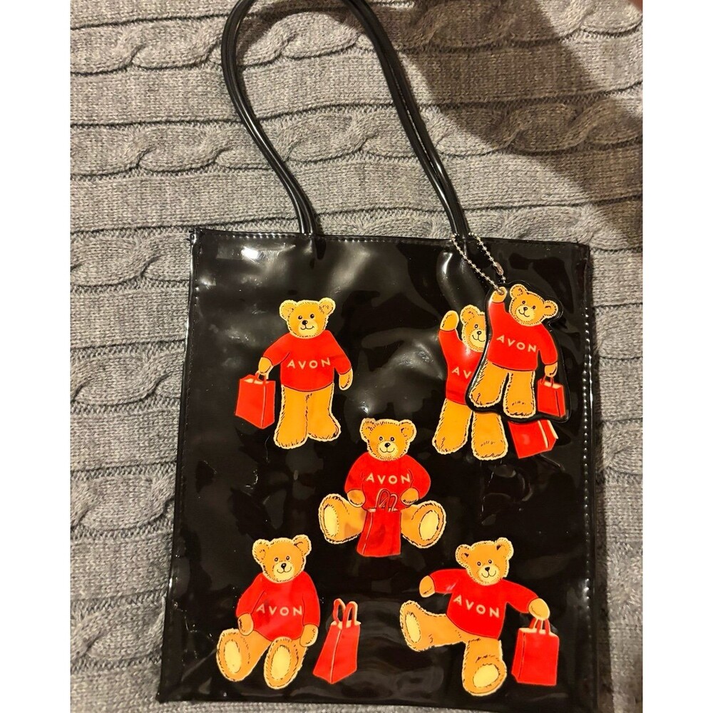 Vintage Avon Teddy Bear Mini Tote Bag Black Patent Vinyl Novelty Purse Charm